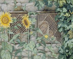 Tissot Jesus Looking through a Lattice with Sunflowers