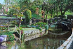 Trevor Neal Bridge and Garden - Bakewell - Derbyshire painting