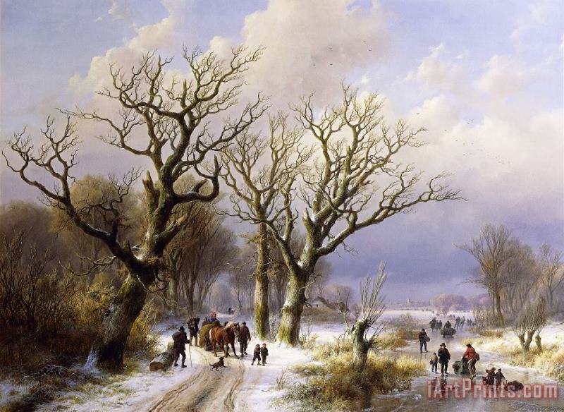 Verboeckhoven and Klombeck A Wooded Winter Landscape With Figures Art Painting