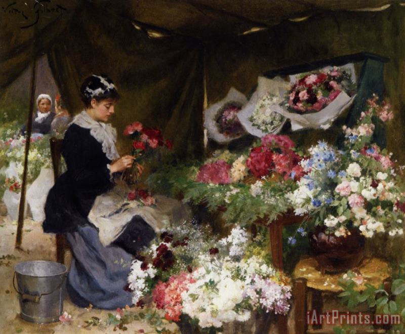 Flower Seller Makiing Bouquets painting - Victor Gabriel Gilbert Flower Seller Makiing Bouquets Art Print