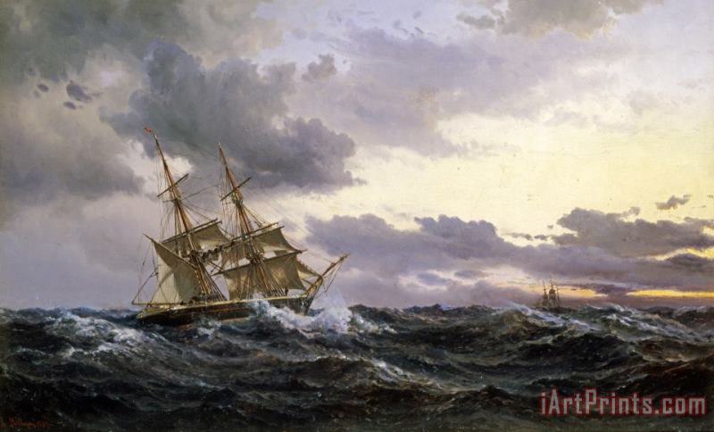Vilhelm Melbye Sailing Vessels in a Stormy Sea Art Print