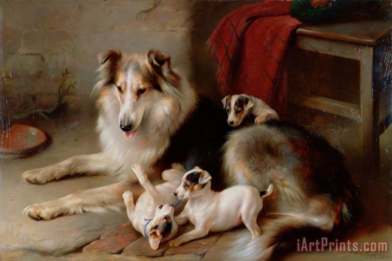 Walter Hunt A Collie with Fox Terrier Puppies Art Print