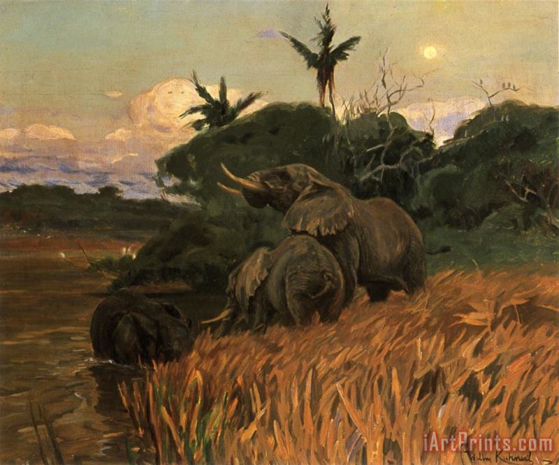 Wilhelm Kuhnert A Herd of Elephants by Moonlight Art Painting