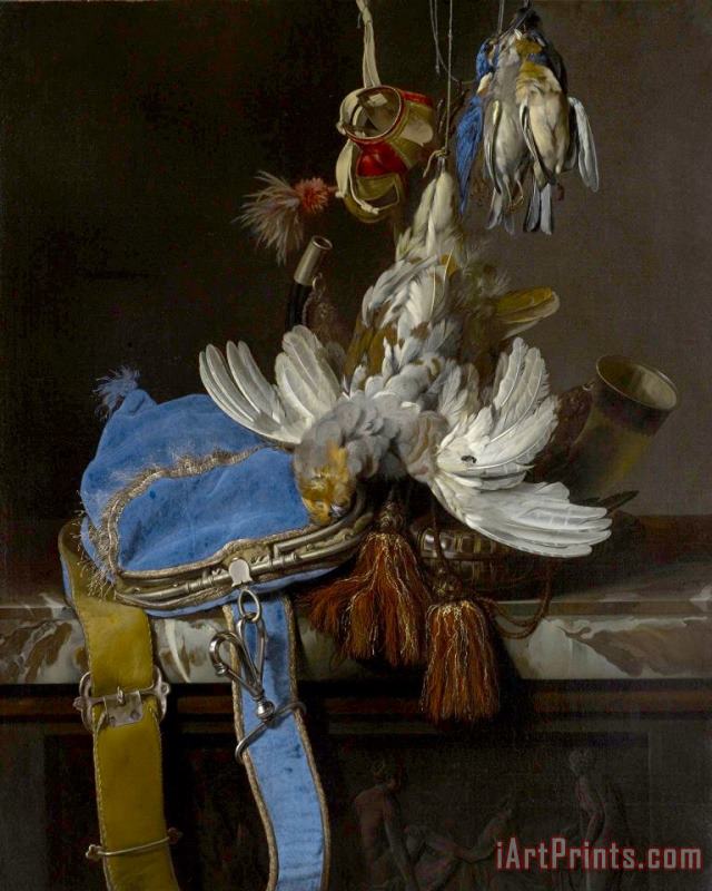Willem Van Aelst Hunt Still Life with a Velvet Bag on a Marble Ledge Art Painting