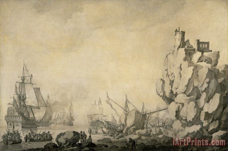 Willem van de Velde Ships And Militia by a Rocky Shore Art Print