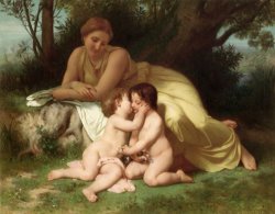 William Adolphe Bouguereau Young Woman Contemplating Two Embracing Children painting