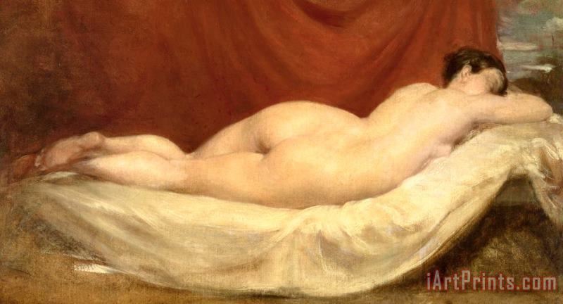William Etty Nude Lying On A Sofa Against A Red Curtain Art Print