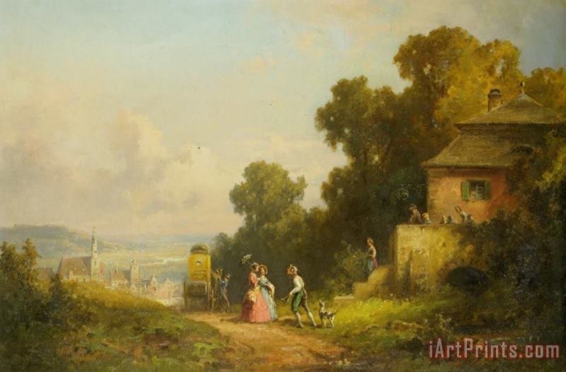 Willy Moralt Figures And a Carriage on a Path with a Village Beyond Art Painting