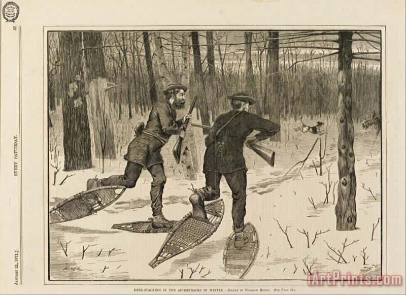 Deer Stalking in The Adirondacks in Winter, From Every Saturday, January 21, 1871, P. 57 painting - Winslow Homer Deer Stalking in The Adirondacks in Winter, From Every Saturday, January 21, 1871, P. 57 Art Print