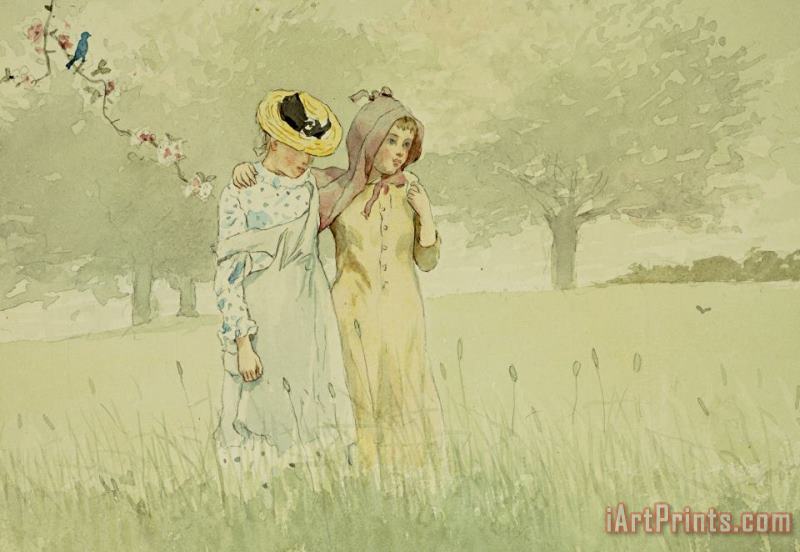 Girls strolling in an Orchard painting - Winslow Homer Girls strolling in an Orchard Art Print