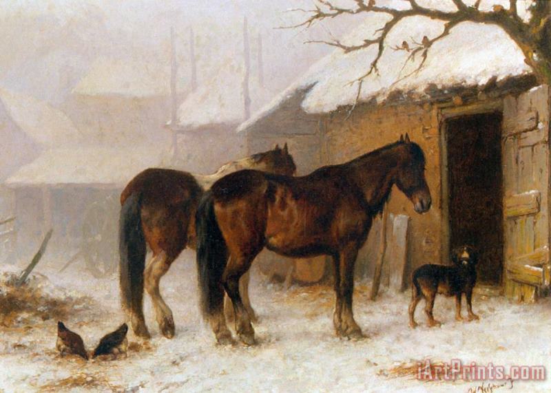 Wouterus Verschuur Jr Horses in a Snow Covered Farm Yard Art Painting