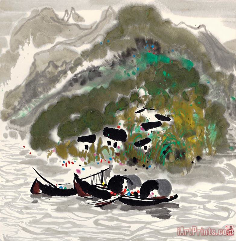 Wu Guanzhong A Family by The Gorge Art Painting
