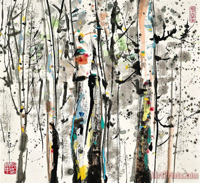 Wu Guanzhong Birch Art Painting