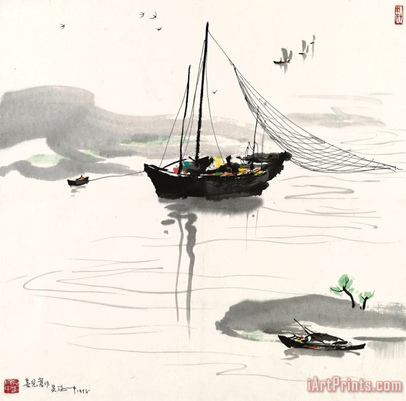 Wu Guanzhong Boat by The Riverside Art Painting