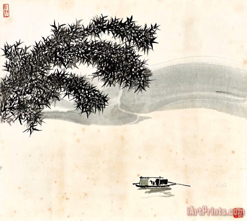 Boating by Bamboo painting - Wu Guanzhong Boating by Bamboo Art Print