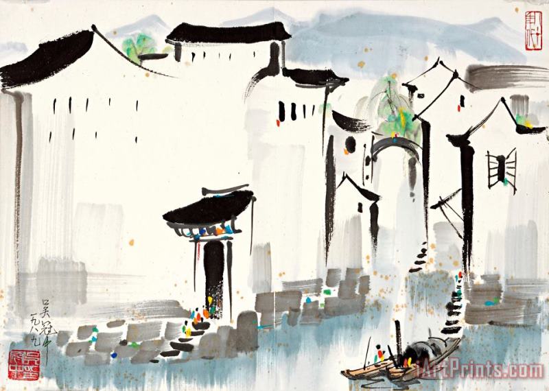 Jiangnan River Town, 1989 painting - Wu Guanzhong Jiangnan River Town, 1989 Art Print