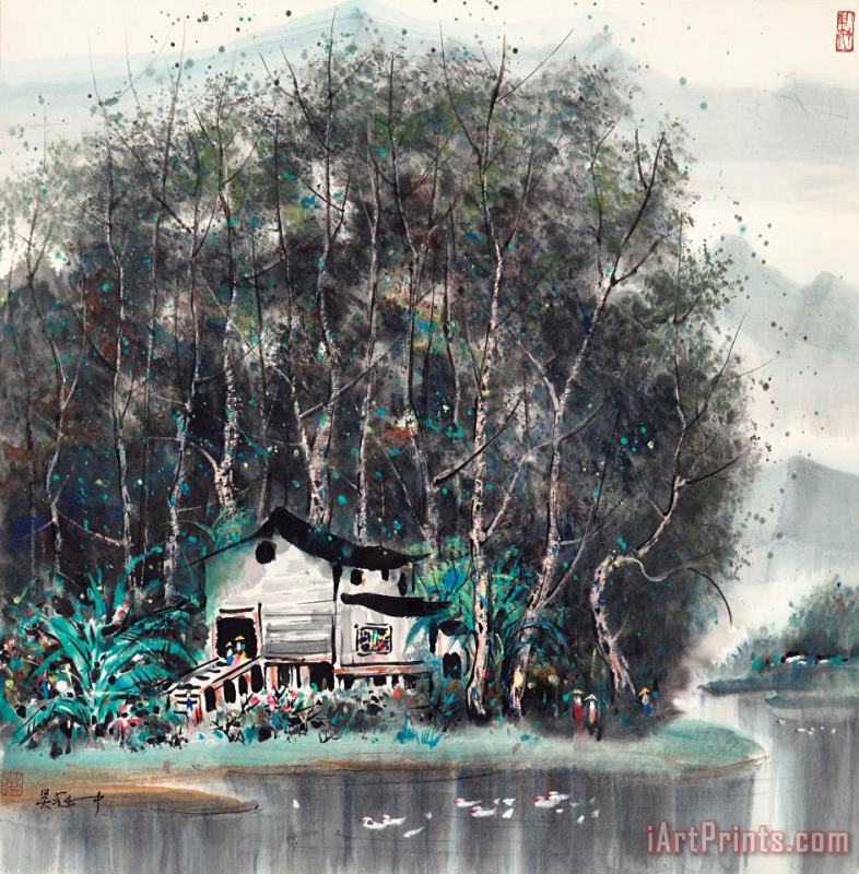 Wu Guanzhong Lodge by The River Art Print