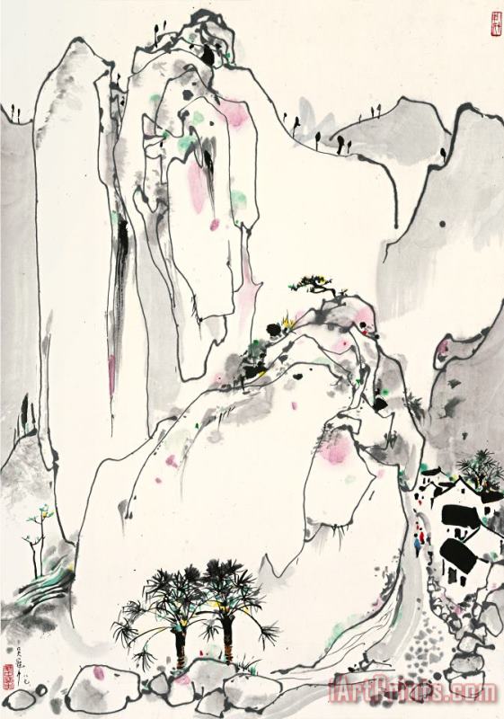 Wu Guanzhong Placid Mountain Village, 1987 Art Painting