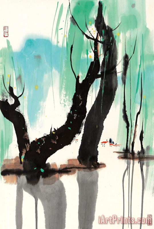 The Hua Stream painting - Wu Guanzhong The Hua Stream Art Print