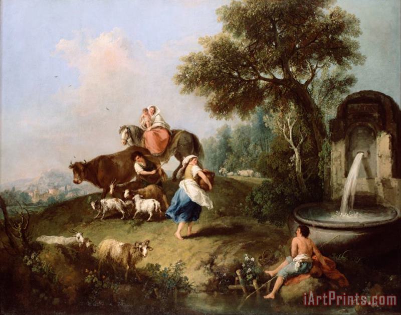 Zuccarelli, Francesco Landscape with a Fountain, Figures And Animals Art Painting