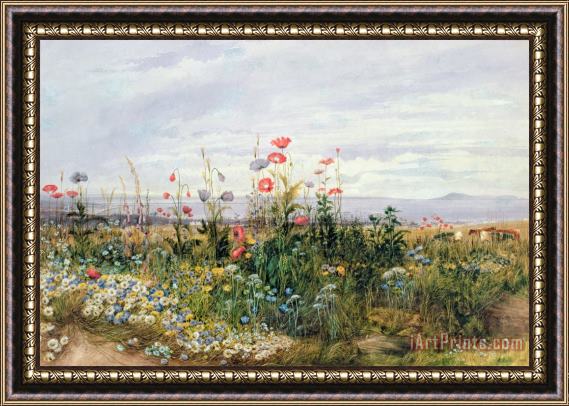 A Nicholl Wildflowers with a View of Dublin Dunleary Framed Painting