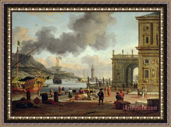 Abraham Storck A Mediterranean Harbour Scene Framed Print