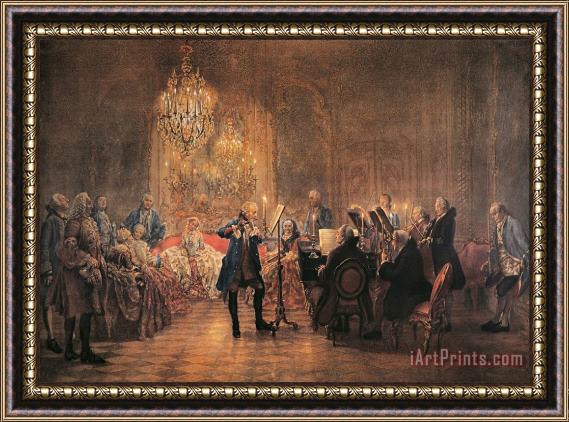 Adolf von Menzel depicting a flute concert of Frederick the Great Framed Painting