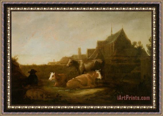 Aelbert Cuyp A Herdsman And Town with Duitsche Huis And Mariakerk Utrecht Beyond Framed Painting
