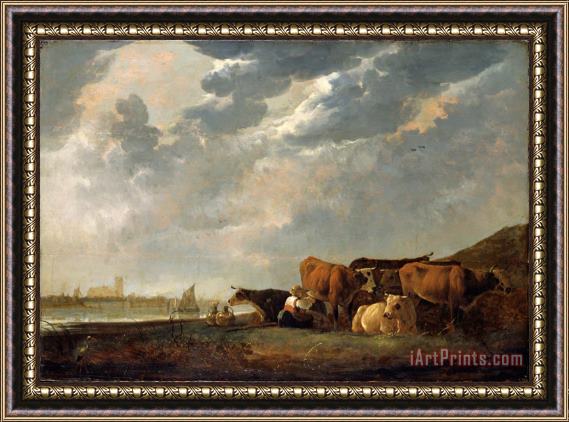Aelbert Cuyp Cattle Near The Maas with Dordrecht in The Distance Framed Print