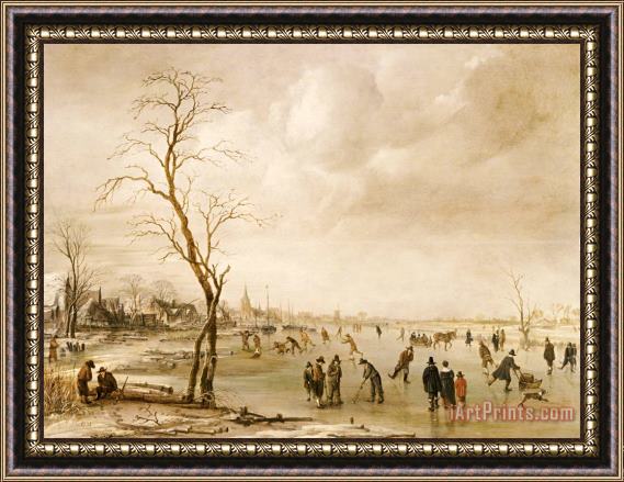 Aert van der Neer A Winter Landscape With Townsfolk Skating And Playing Kolf On A Frozen River Framed Print