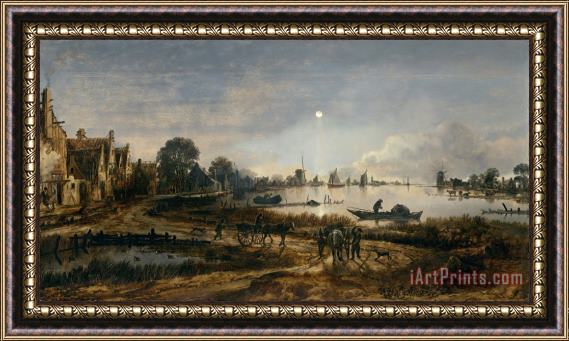 Aert van der Neer River View by Moonlight Framed Print