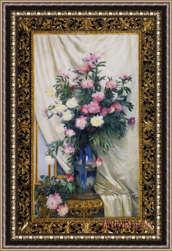 Albert Aublet Peonies in a Blue Vase on a Draped Regency Giltwood Console Table Framed Painting