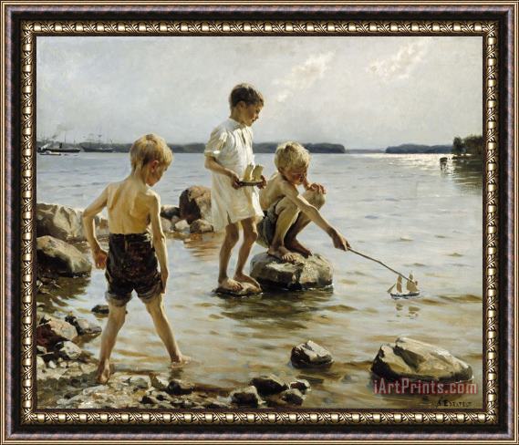 Albert Edelfelt Boys Playing on The Shore Framed Painting