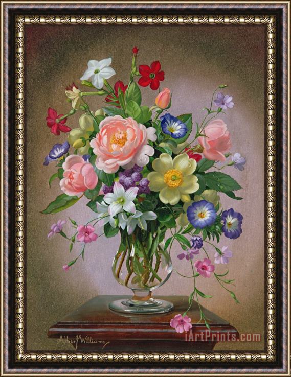 Albert Williams Roses Peonies And Freesias In A Glass Vase Framed Print