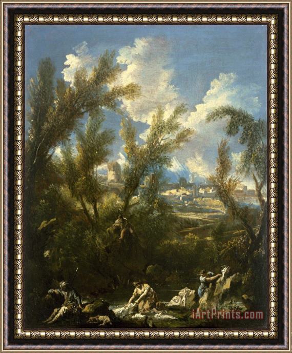 Alessandro Magnasco Landscape with Washerwoman Framed Painting