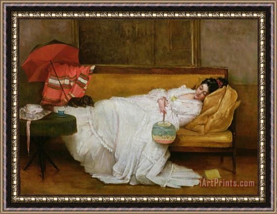 Alfred Emile Stevens  Girl in a white dress resting on a sofa Framed Print