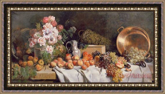 Alfred Petit  Still life with flowers and fruit on a table Framed Print