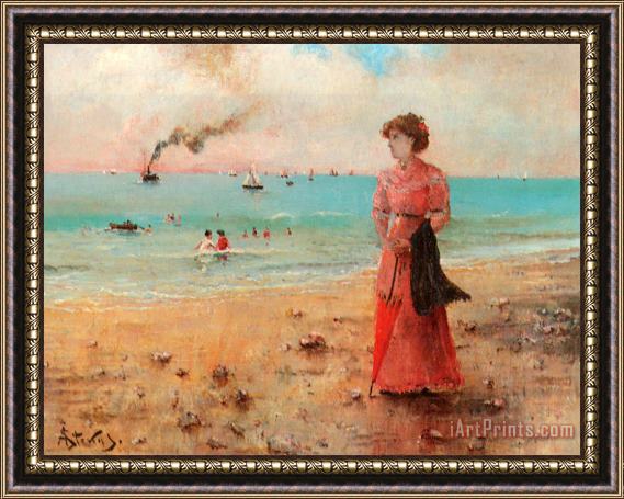 Alfred Stevens Jeune Femme a L'ombrelle Rouge Au Bord De La Mer Framed Painting