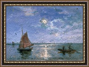 Fishing Boats in a Calm Sea Framed Prints - Fishing Boats by Moonlight by Alfred Wahlberg
