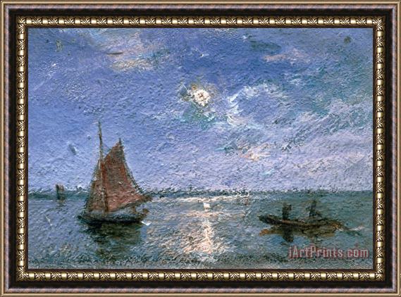 Alfred Wahlberg Fishing Boats by Moonlight Framed Painting