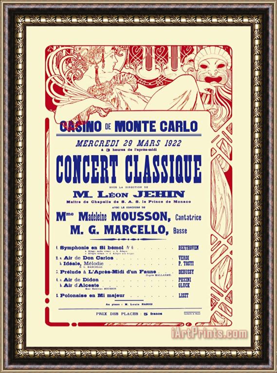 Alphonse Marie Mucha Concert at The Monte Carlo Casino Framed Painting