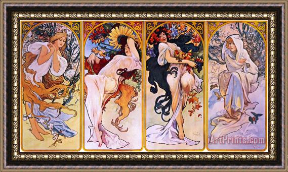 Alphonse Marie Mucha Cropped Print of Four Panels Each Depicting One of The Four Seasons Personified by a Woman Framed Painting