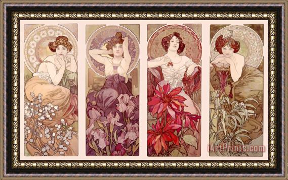 Alphonse Marie Mucha Precious Stones And Flowers Framed Painting