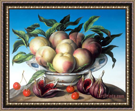Amelia Kleiser Peaches in Delft bowl with purple figs Framed Painting