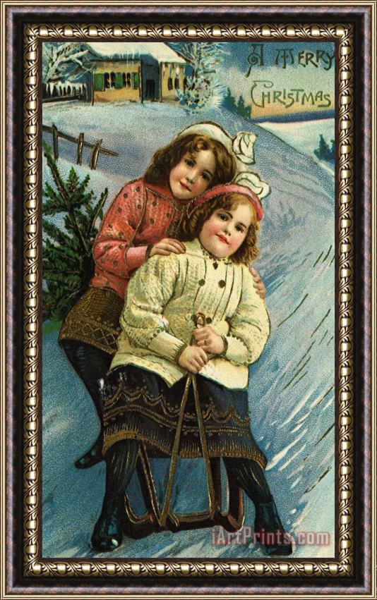 American School A Merry Christmas Postcard with Sledding Girls Framed Painting