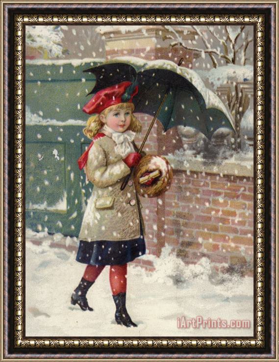 American School Girl With Umbrella In A Snow Shower Framed Print