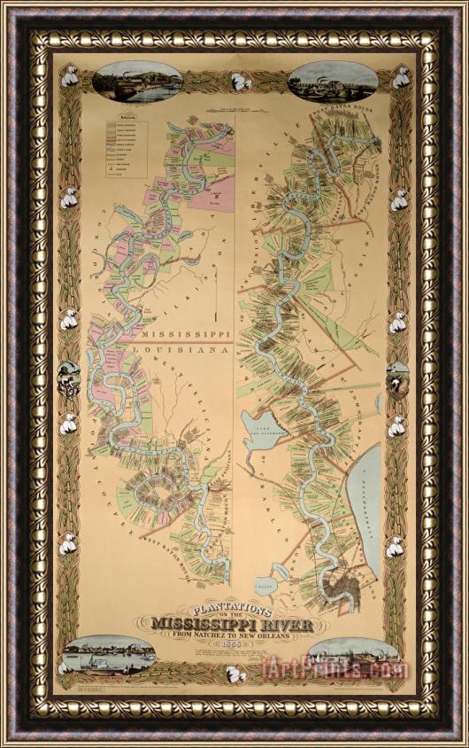 American School Map depicting plantations on the Mississippi River from Natchez to New Orleans Framed Print
