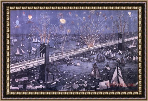 American School Opening of the Great New York and Brooklyn Bridge and grand display of fire works Framed Print
