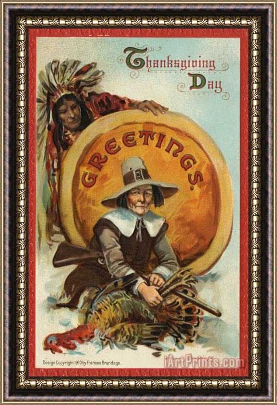 American School Postcard of Pilgrim Plucking a Turkey Framed Print