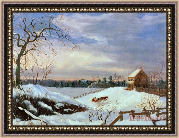 American School Snow scene in New England Framed Painting